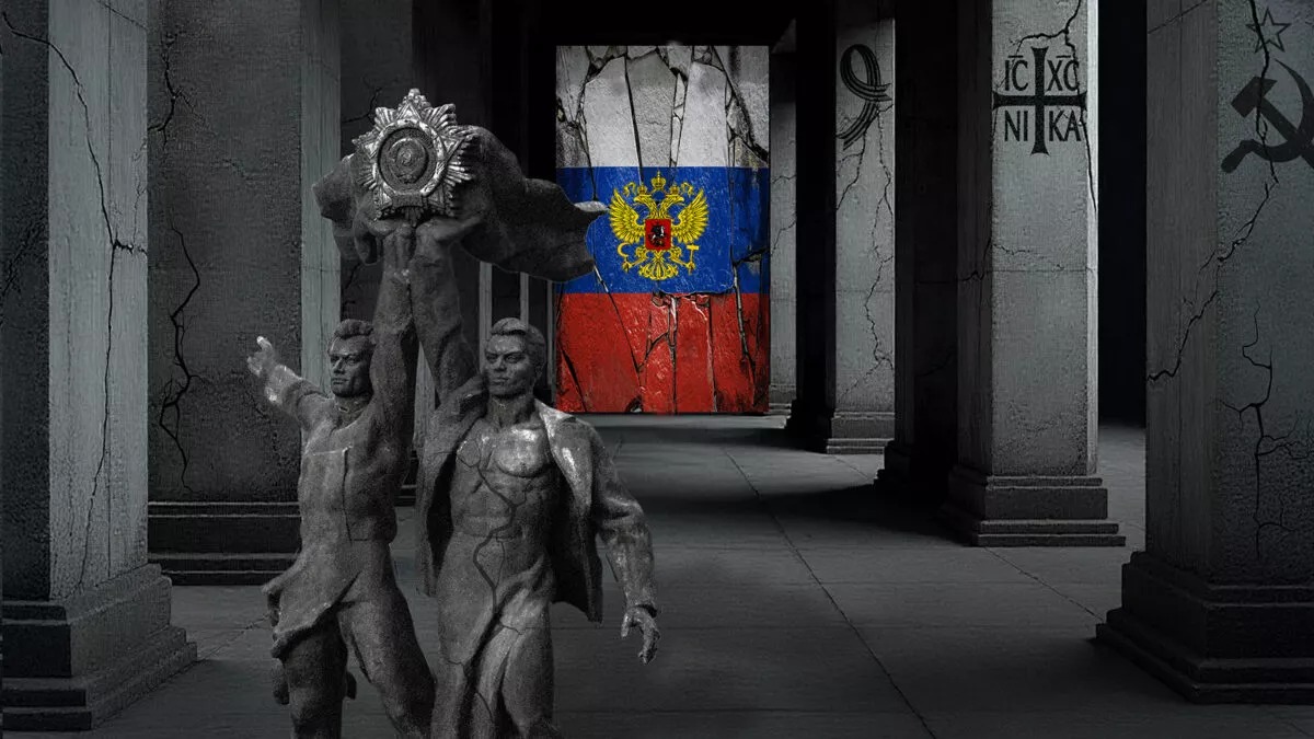 Editorial illustration mixing Soviet heroic statuary, a cracked Russian flag with the state eagle, Orthodox and hammer-and-sickle symbols in a colonnaded hall