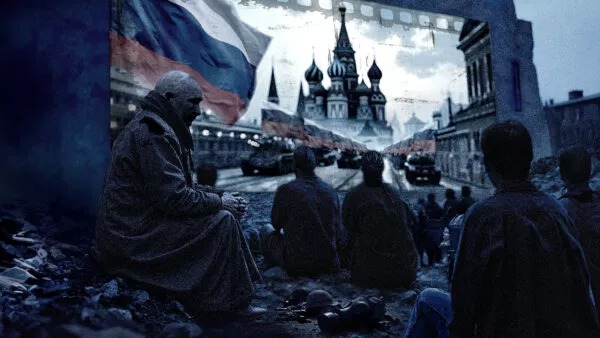 Editorial illustration: bowed figures amid rubble watch a Russian military parade with tanks on Red Square
