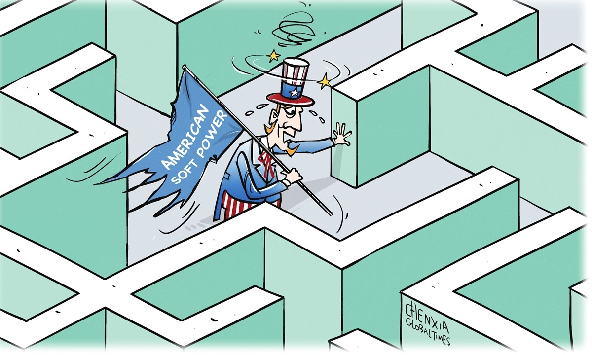 Editorial cartoon: a dazed Uncle Sam carries a tattered ‘American Soft Power’ flag through a maze