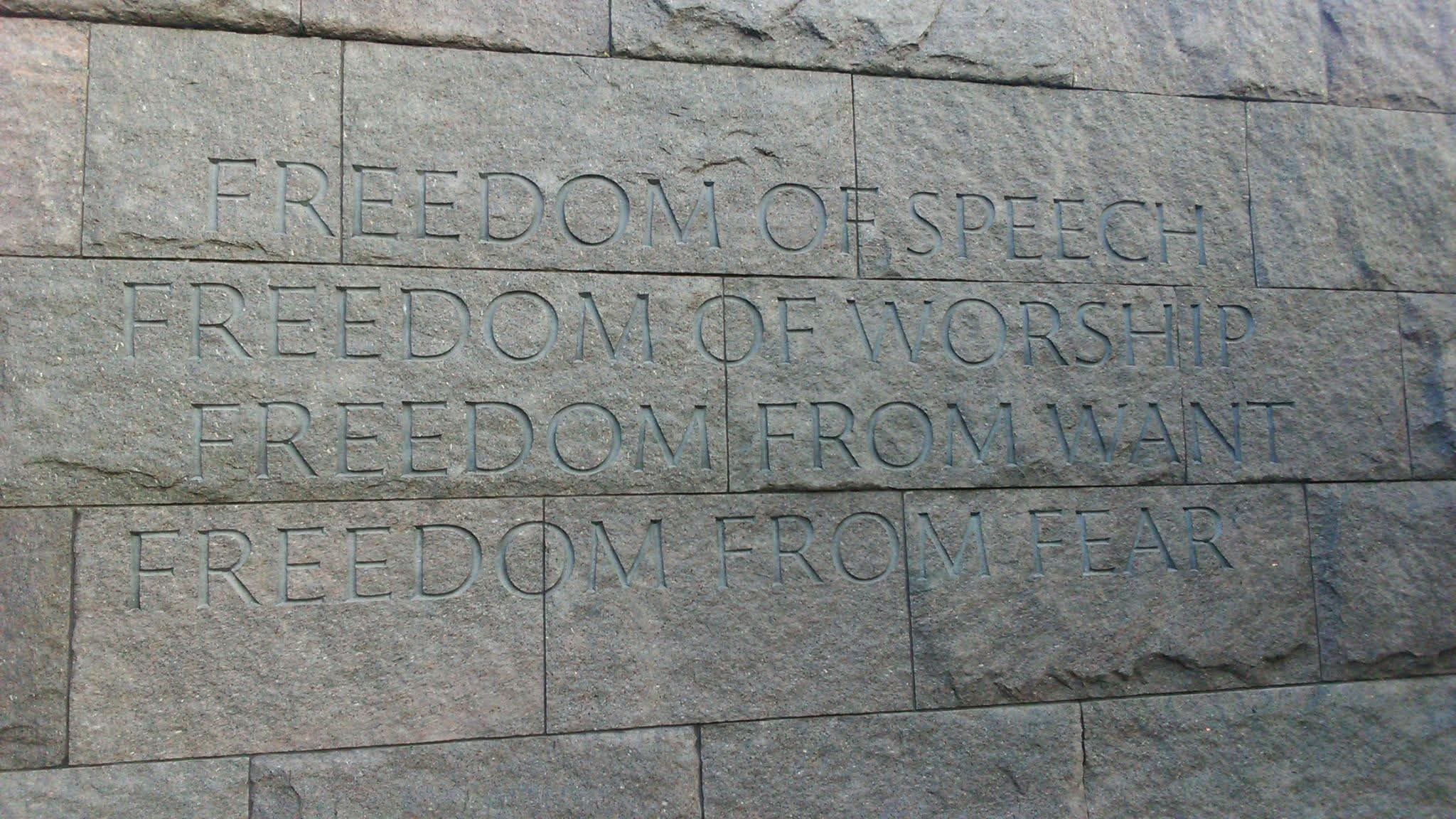 Stone inscription 'Freedom of Speech / Worship / from Want / from Fear' at the Franklin D. Roosevelt Memorial in Washington, D.C.