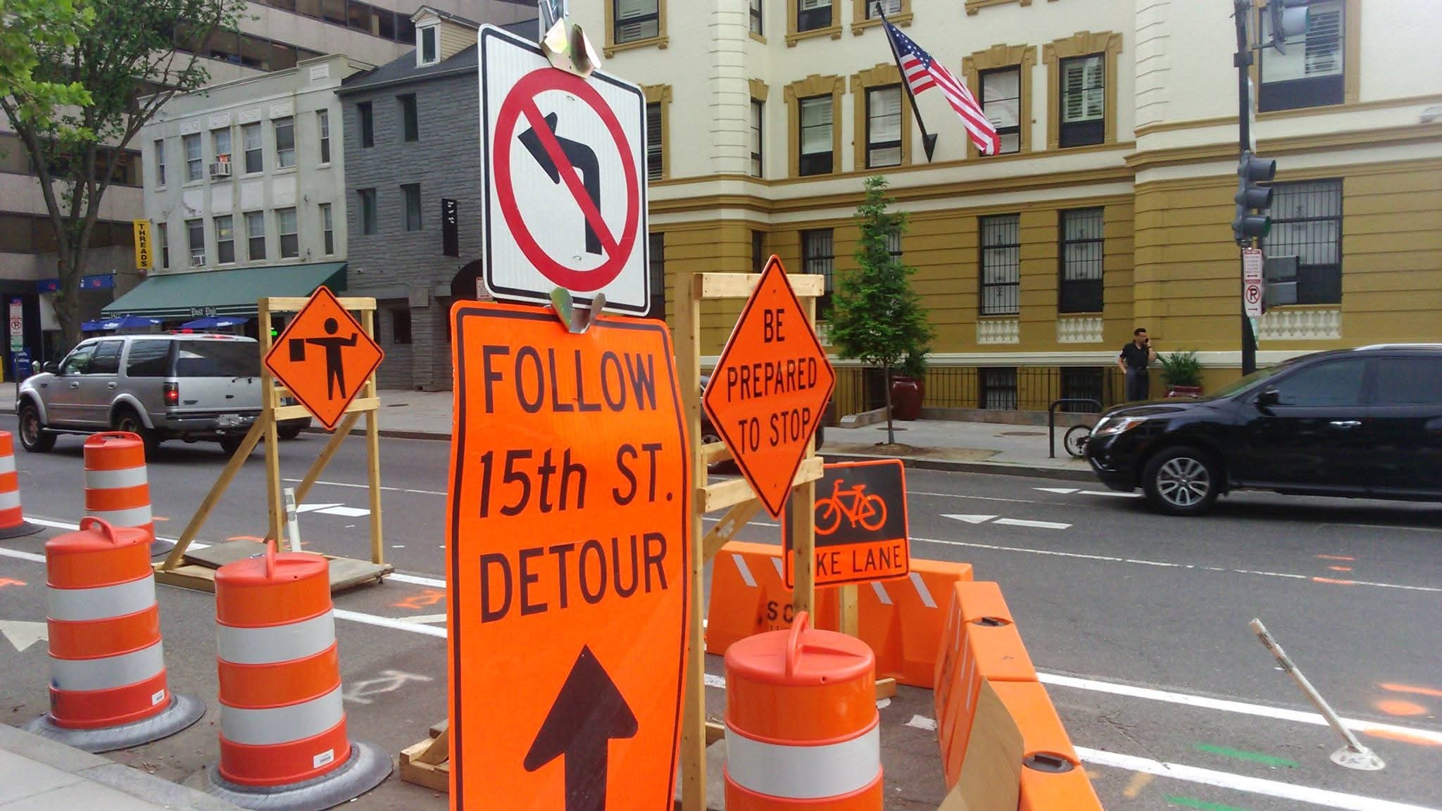 US street detour signs ('Follow 15th St. Detour')