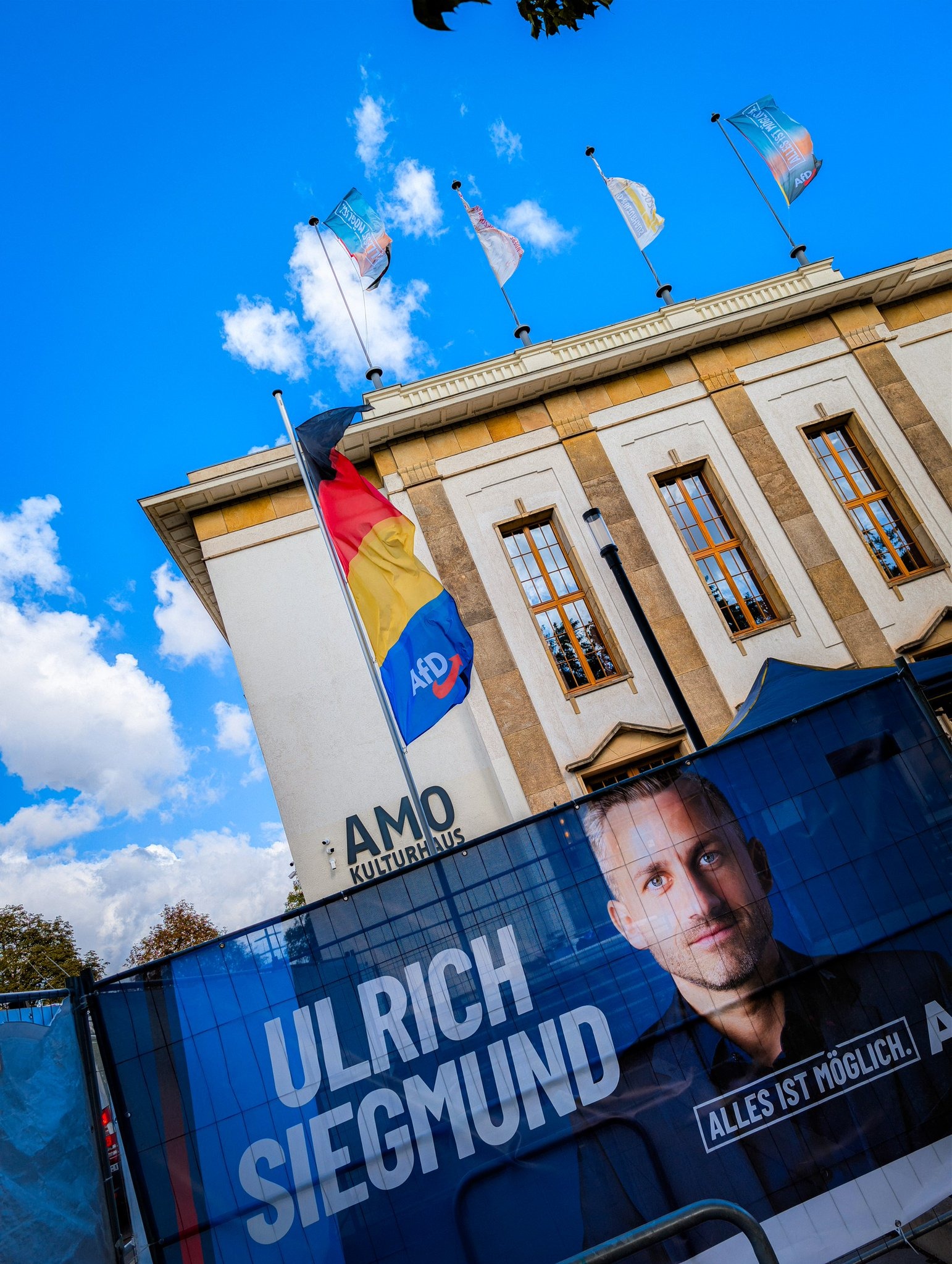 AfD flags and Ulrich Siegmund campaign banner, Magdeburg