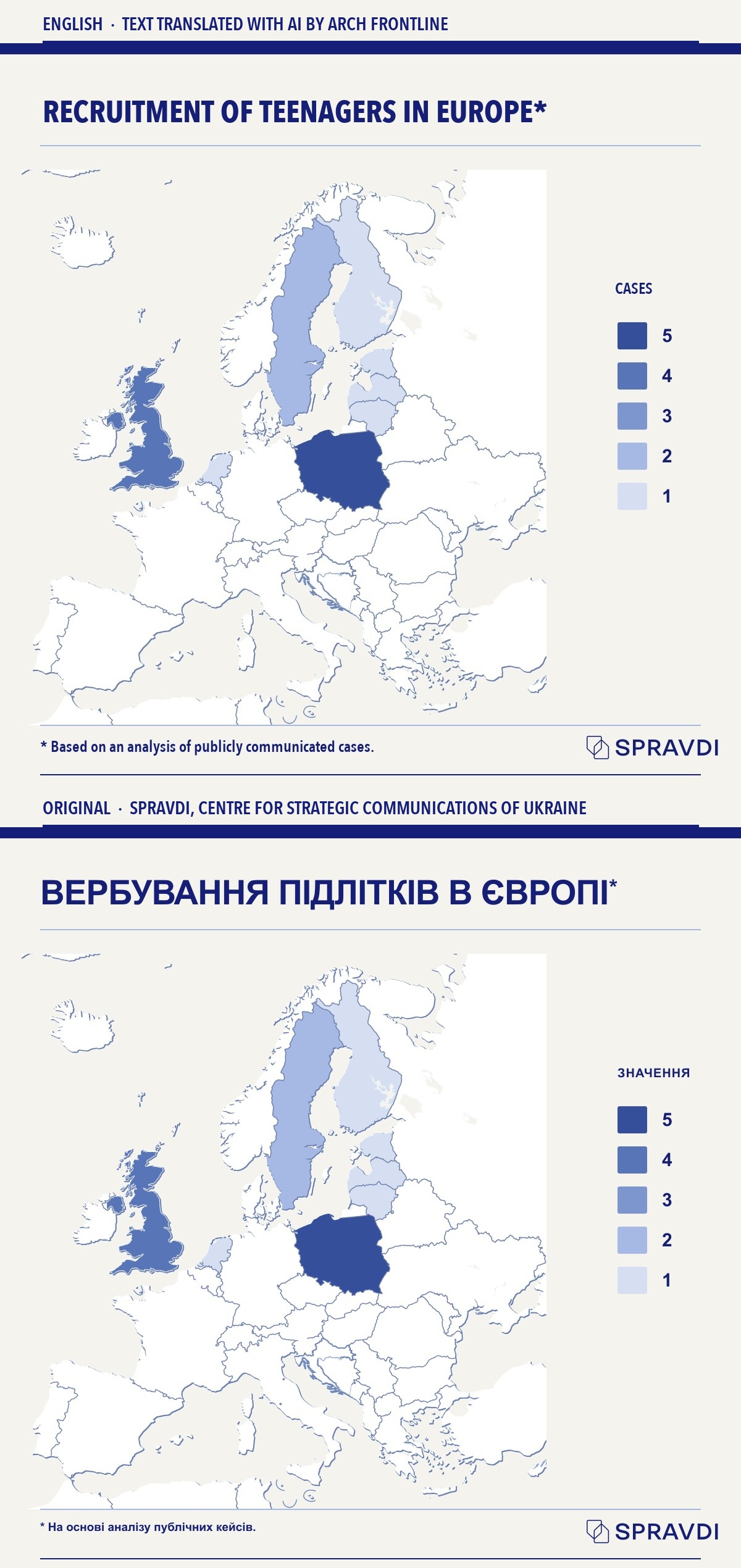 Map: recruitment of teenagers across Europe — English and original Ukrainian versions